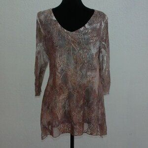 Tan V-neck Lace Long Sleeve Blouse, size: M